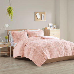 JLA Home Intelligent Design - Shaggy Plush Faux Fur Comforter Set with High-Pile Texture and Soft Reversible Plush Backing for Cozy Bedrooms Blush ID10-1823