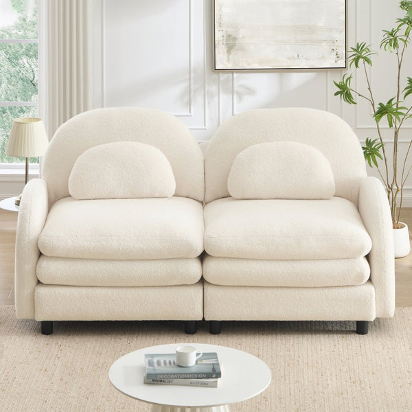 English Elm Teddy Fleece Curved Loveseat Modular Two Seater Sofa with Cloud Soft Double Layer Cushions Beige White W5656S00073