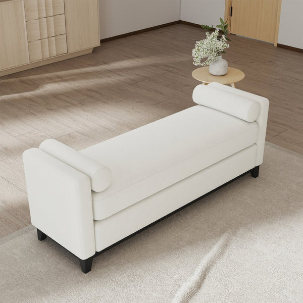 English Elm 66.34 Inch Sherpa Fleece Bench with Fluted Wood Legs Bolster Pillows Mid-century Lounge Beige+Black W1658P445919