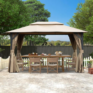 English Elm 10'x13' Outdoor Gazebo Steel Frame Double Roof Patio Shelter with Netting and Curtains Brown W1859P425842