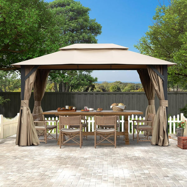 English Elm 10'x13' Outdoor Gazebo Steel Frame Double Roof Patio Shelter with Netting and Curtains Brown W1859P425842