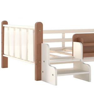 English Elm Twin Pine Floor Bed for Kids with Side Bookcases Built-in Stairs and Safety Guardrails Beige W1580P390214
