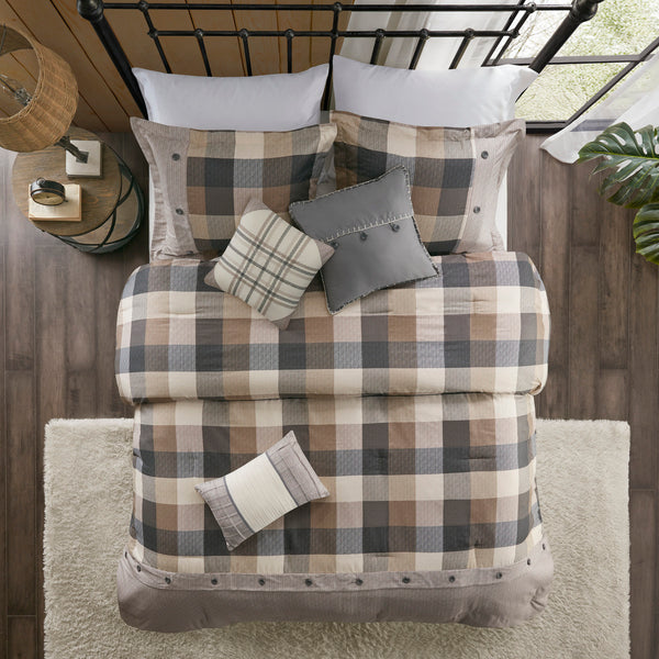 English Elm 7 Piece Herringbone Comforter Set - Cozy Buffalo Plaid Queen Ensemble With Decorative Pillows B03597190