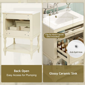 English Elm 24'' Retro Bathroom Vanity Mdf Cabinet with Ceramic Sink Open Shelf and 2 Drawers Beige N710P405414Y