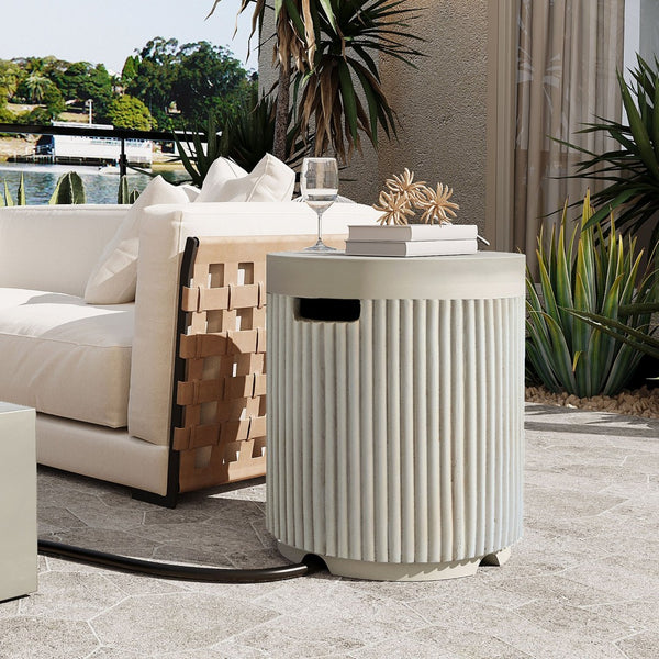 English Elm U_style Outdoor Mgo Propane Tank Cover Round Patio Side Table Fluted Stone Finish Beige N711P410569K