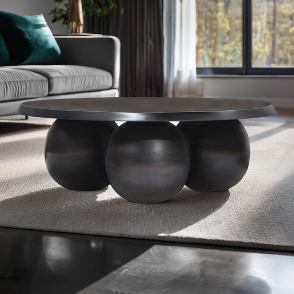 Meridian Furniture Globus Sculptural Iron Round Coffee Table with Triple Sphere Base for Modern Living Rooms Black 225Black-CT