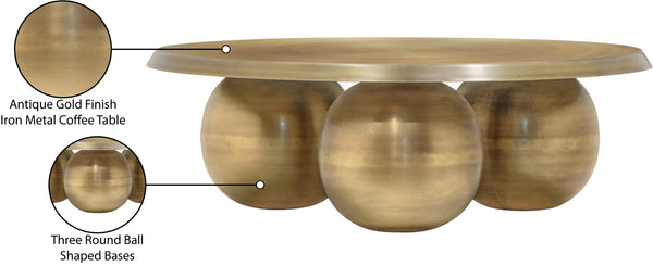 Meridian Furniture Globus Sculptural Iron Round Coffee Table with Triple Sphere Base for Modern Living Rooms Gold 225Gold-CT