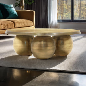 Meridian Furniture Globus Sculptural Iron Round Coffee Table with Triple Sphere Base for Modern Living Rooms Gold 225Gold-CT