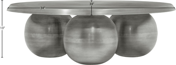 Meridian Furniture Globus Sculptural Iron Round Coffee Table with Triple Sphere Base for Modern Living Rooms Silver 225Silver-CT