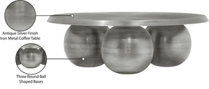 Meridian Furniture Globus Sculptural Iron Round Coffee Table with Triple Sphere Base for Modern Living Rooms Silver 225Silver-CT