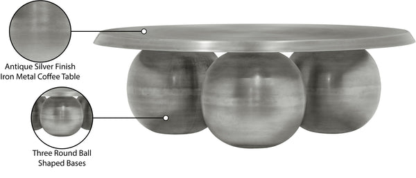 Meridian Furniture Globus Sculptural Iron Round Coffee Table with Triple Sphere Base for Modern Living Rooms Silver 225Silver-CT