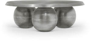Meridian Furniture Globus Sculptural Iron Round Coffee Table with Triple Sphere Base for Modern Living Rooms Silver 225Silver-CT