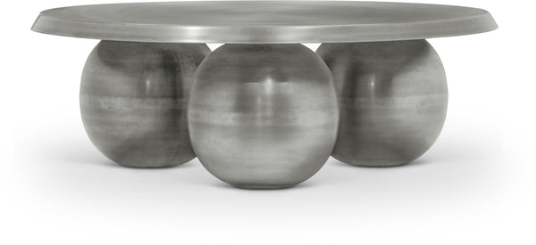 Meridian Furniture Globus Sculptural Iron Round Coffee Table with Triple Sphere Base for Modern Living Rooms Silver 225Silver-CT