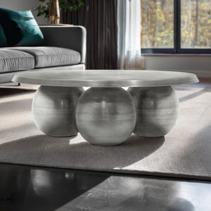 Meridian Furniture Globus Sculptural Iron Round Coffee Table with Triple Sphere Base for Modern Living Rooms Silver 225Silver-CT