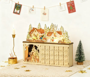 English Elm Light up Wooden Advent Calendar Village with 24 Drawers and Led Glow for Holiday Decor T3971P417206