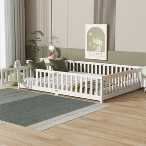 English Elm Queen Rubber Wood Floor Bed with Full Perimeter Safety Fence and Hinged Access Door White W504P429340