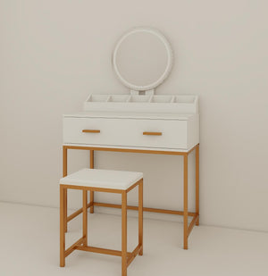 English Elm Vanity Chic Ancient White Makeup Table with Mirror & Stool, Gold Accents, Compact Storage for Small Spaces W2139P306366