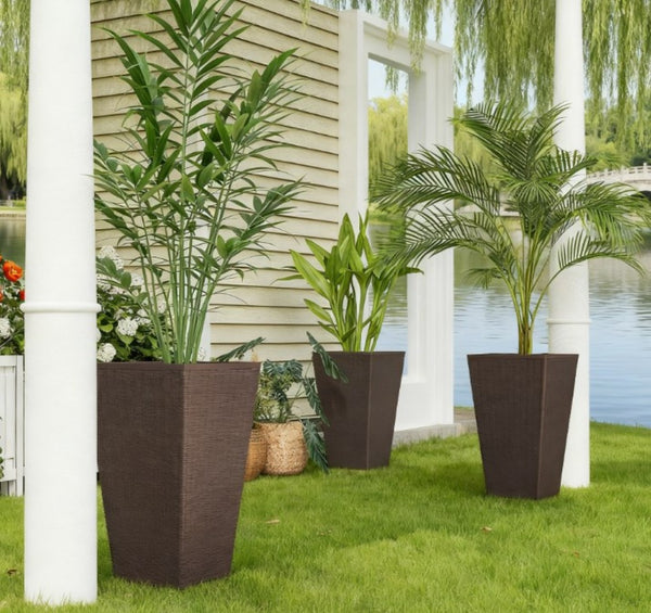 English Elm Outdoor Tall Rattan Style Column Planters Set of 3 Uv Resistant Pp with Drainage T3971P423342