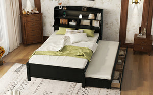 English Elm Full Size Wooden Led Platform Bed With Trundle, Storage Headboard & Usb Charging In Espresso Finish N820S10009D