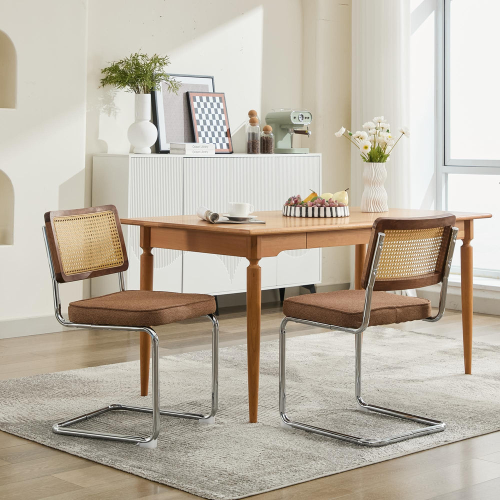 English Elm Mid Century Modern Dining Chairs Set Of 2 - Comfortable Linen Accent With Natural Cane & Chrome Base W1143P342097