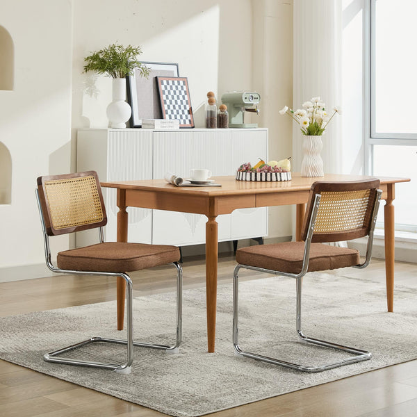 English Elm Mid Century Modern Dining Chairs Set Of 2 - Comfortable Linen Accent With Natural Cane & Chrome Base W1143P342097