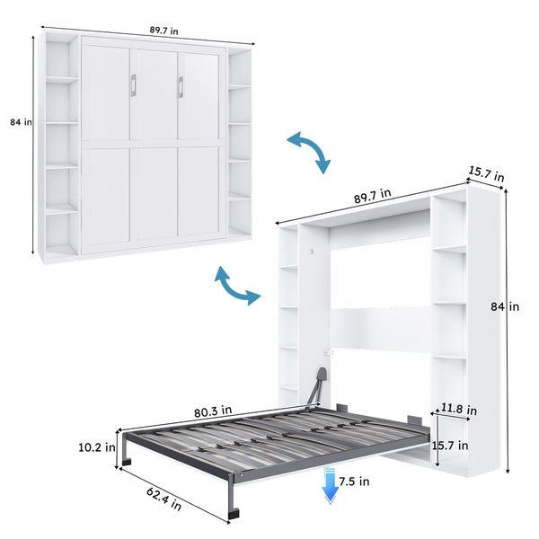 English Elm Queen Murphy Bed Foldable Wall Unit with Side Cabinets and Solid Wood Slat Support W509S00152