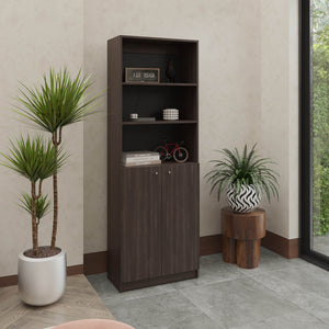 English Elm 2-Door Engineered Wood Bookcase with Upper Open Shelves, Dark Walnut & Black, Sturdy Storage Solution B097P350332