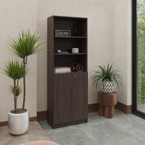 English Elm 2-Door Engineered Wood Bookcase with Upper Open Shelves, Dark Walnut & Black, Sturdy Storage Solution B097P350332