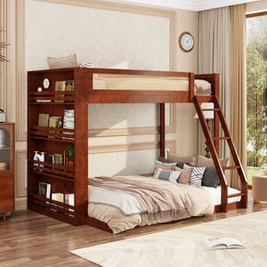 English Elm Twin Over Full Bunk Bed with Cane Guardrail Led Lighting and Built-in Bookshelf Espresso LT000351AAP
