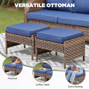 English Elm Outdoor Handwoven Pe Wicker Ottoman Set Rust Resistant Patio Footrests with Cushions Blue T3773P417377