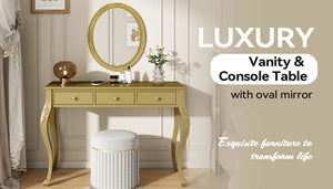 English Elm Luxury Makeup Vanity Desk with Oval Mirror and Engraved Floral Frame, Velvet Jewelry Tray, Durable Drawers and Elegant Console for Bedroom & Living Room Decor Gold N844P292481G