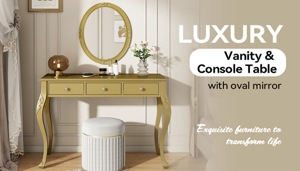 English Elm Luxury Makeup Vanity Desk with Oval Mirror and Engraved Floral Frame, Velvet Jewelry Tray, Durable Drawers and Elegant Console for Bedroom & Living Room Decor Gold N844P292481G