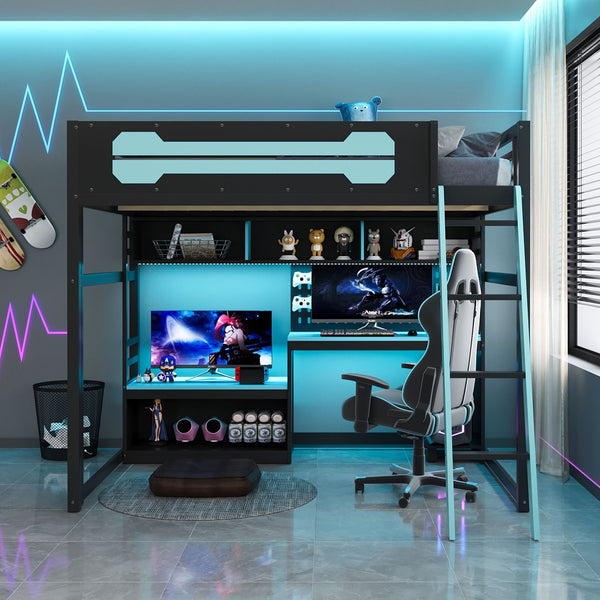 English Elm Full Size Gaming Loft Bed with Built-in Desk Led Lighting Usb Ports and Pegboard Black+Blue LT000270AAC