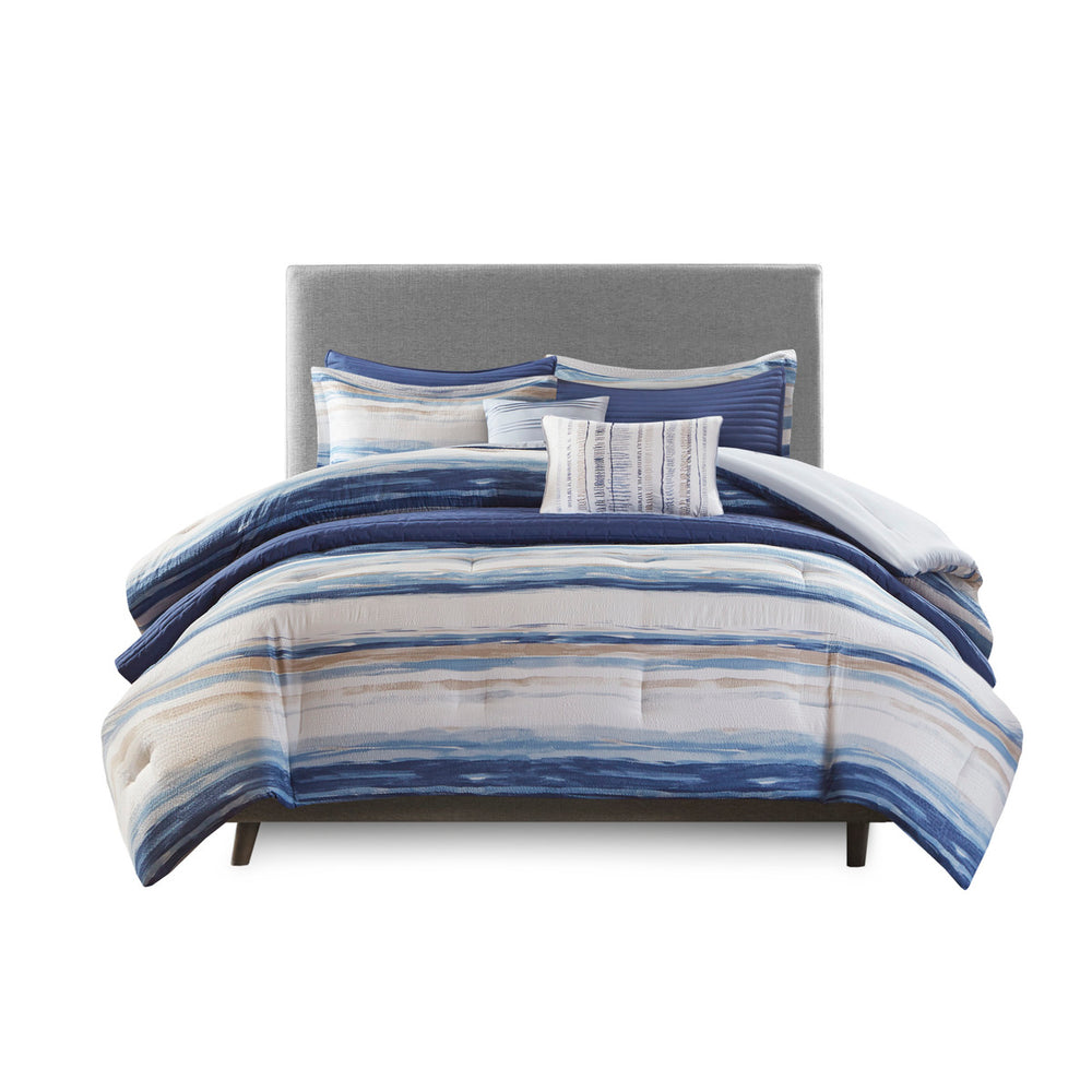 English Elm 8 Marina Seersucker Comforter & Quilt Set Full/Queen - Watercolor Stripe, Hypoallergenic, Layerable Blue 23.62 L x 18.9 W x 18.31 H B03597097