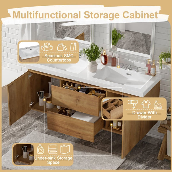 English Elm [video]59.3 Inch Wall Mounted Double Sink Vanity Wood Grain Mdf Soft Close Storage N729P000026N