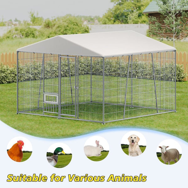 English Elm 10 X 10 Ft Heavy Gauge Steel Outdoor Dog Kennel with Pvc Roof and Feeding Basin W1820S00023