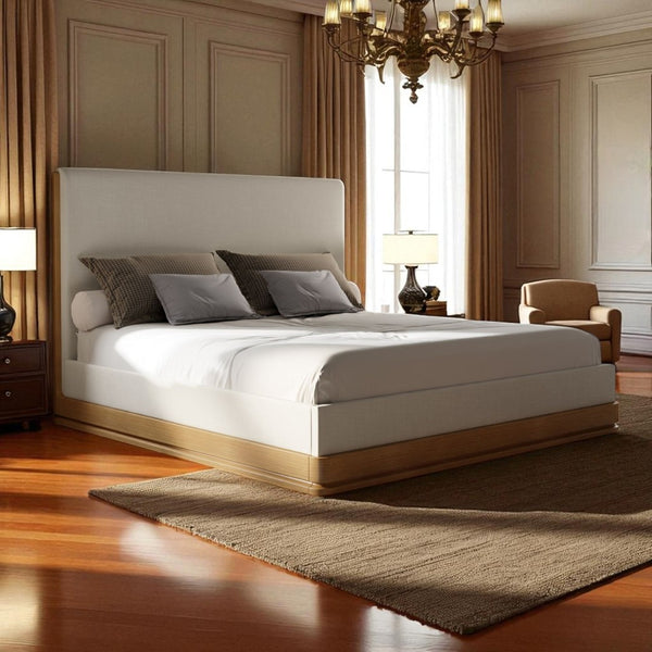 English Elm Zoey Eastern King Platform Bed Wire-brushed Oak Beige Upholstered Scandinavian Frame B2756S00022