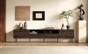 English Elm 78 Inch Walnut Media Console with Slatted Doors Iron Legs and Cable Management N710P373591Q