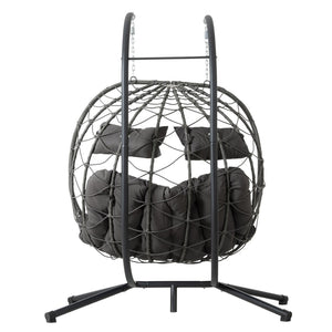 English Elm 2 Person Wicker Hanging Egg Chair with Freestanding Stand Outdoor Patio Swing Seat Gray W1703P444363