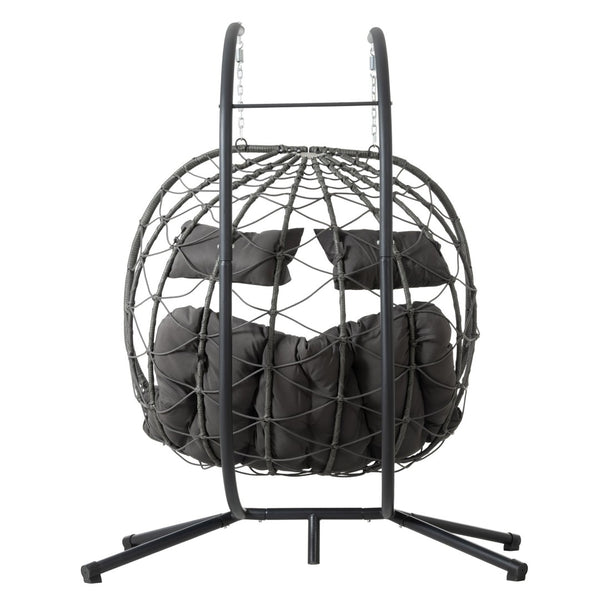 English Elm 2 Person Wicker Hanging Egg Chair with Freestanding Stand Outdoor Patio Swing Seat Gray W1703P444363
