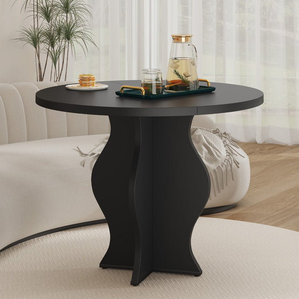 English Elm 31.5 Inch Round Farmhouse Dining Table Wave Pedestal Veneer Top Seats Two Black T5618P448233