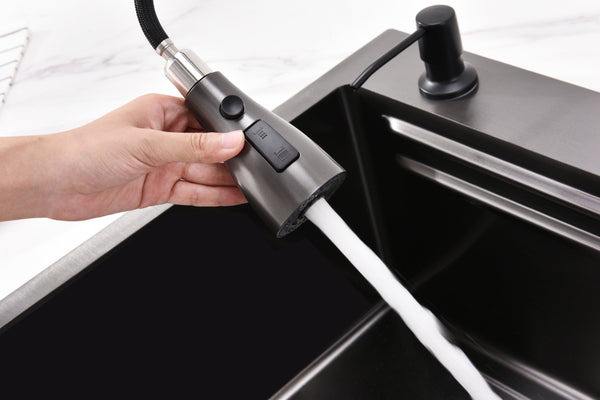 English Elm Waterfall Matte Black Stainless Steel Workstation Sink with Pull Out Faucet and Prep Rail T3177P286036