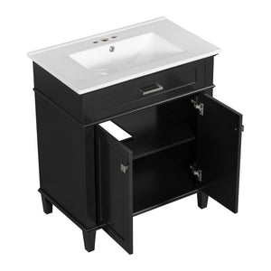 English Elm 30-inch bathroom vanity with ceramic basin, solid wood frame, soft-close doors and adjustable shelves for organized style and lasting durability Black N729P173380B