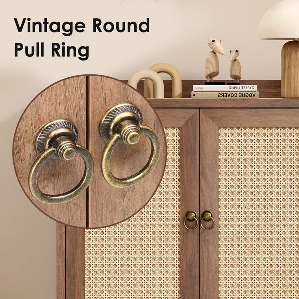 English Elm Sideboard Rattan Door Buffet Cabinet with Baffle Edge, Spacious Storage Credenza for Dining Hallway Vintage T3623P381056