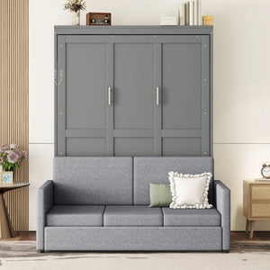 English Elm Queen Murphy Bed with Linen Cushion Sofa Folds Flat for Studio or Guest Room Gray LP000891AAE-1