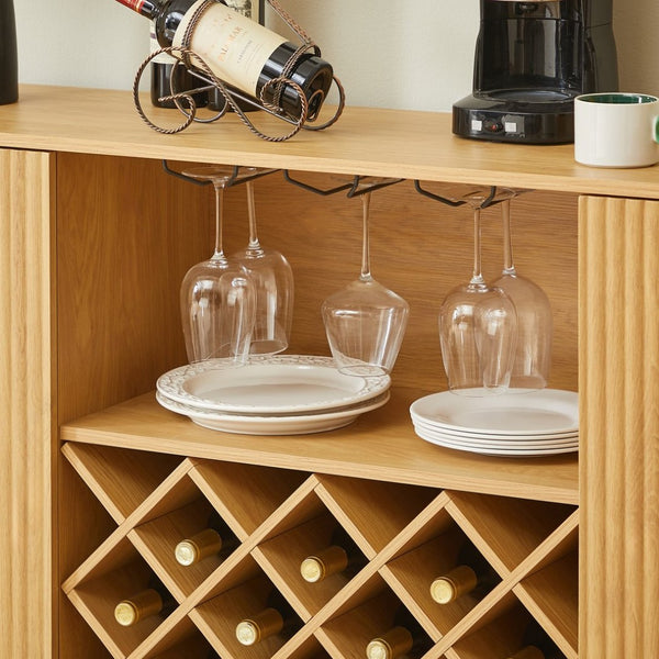 English Elm 58" Wavy Curved Sideboard with Wine Rack Glassware Holder and Adjustable Shelves Natural W1162P386374