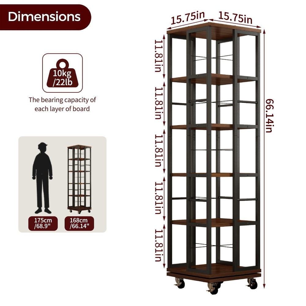 English Elm 5 Tier Rotating Corner Bookcase Rustic Brown Steel Wood Spinning Floor Shelf W2641P399191