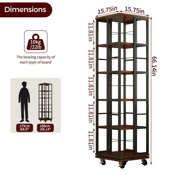 English Elm 5 Tier Rotating Corner Bookcase Rustic Brown Steel Wood Spinning Floor Shelf W2641P399191