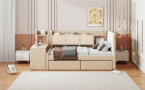 English Elm Twin Upholstered Daybed with Velvet Finish, High Back Shelves, Flip Cabinets, Drawers & Side Table Beige SF000196AAA