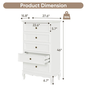 English Elm 5 Drawer Modern Dresser with Tapered Wood Legs Fluted Panels and Painted White Finish B082P232950
